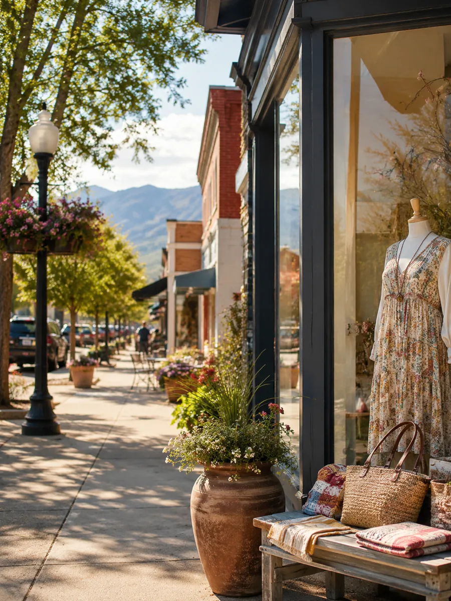 A downtown Montrose shop window beside a tree-lined sidewalk